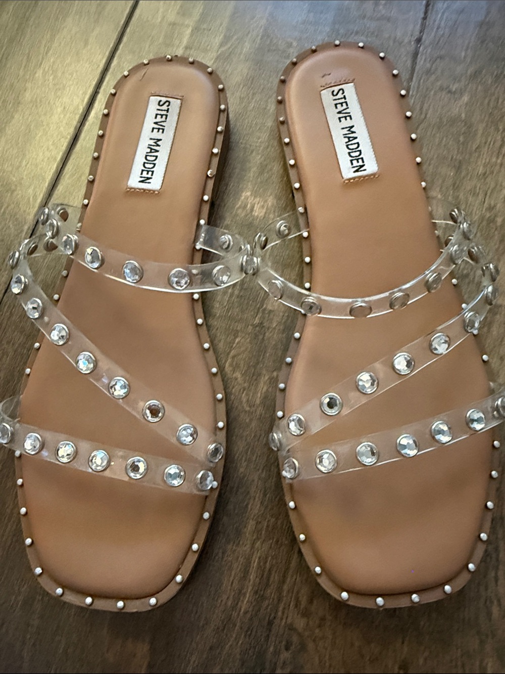 Steve Madden Clear Jewel Strap Slide Sandals in Tan